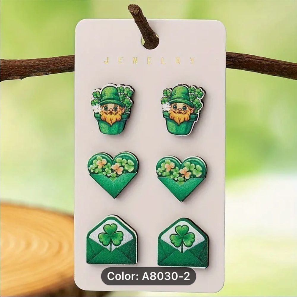 3 Pairs NIP St. Patrick's Day Lucky Shamrock Leprechaun Wooden Post Earrings